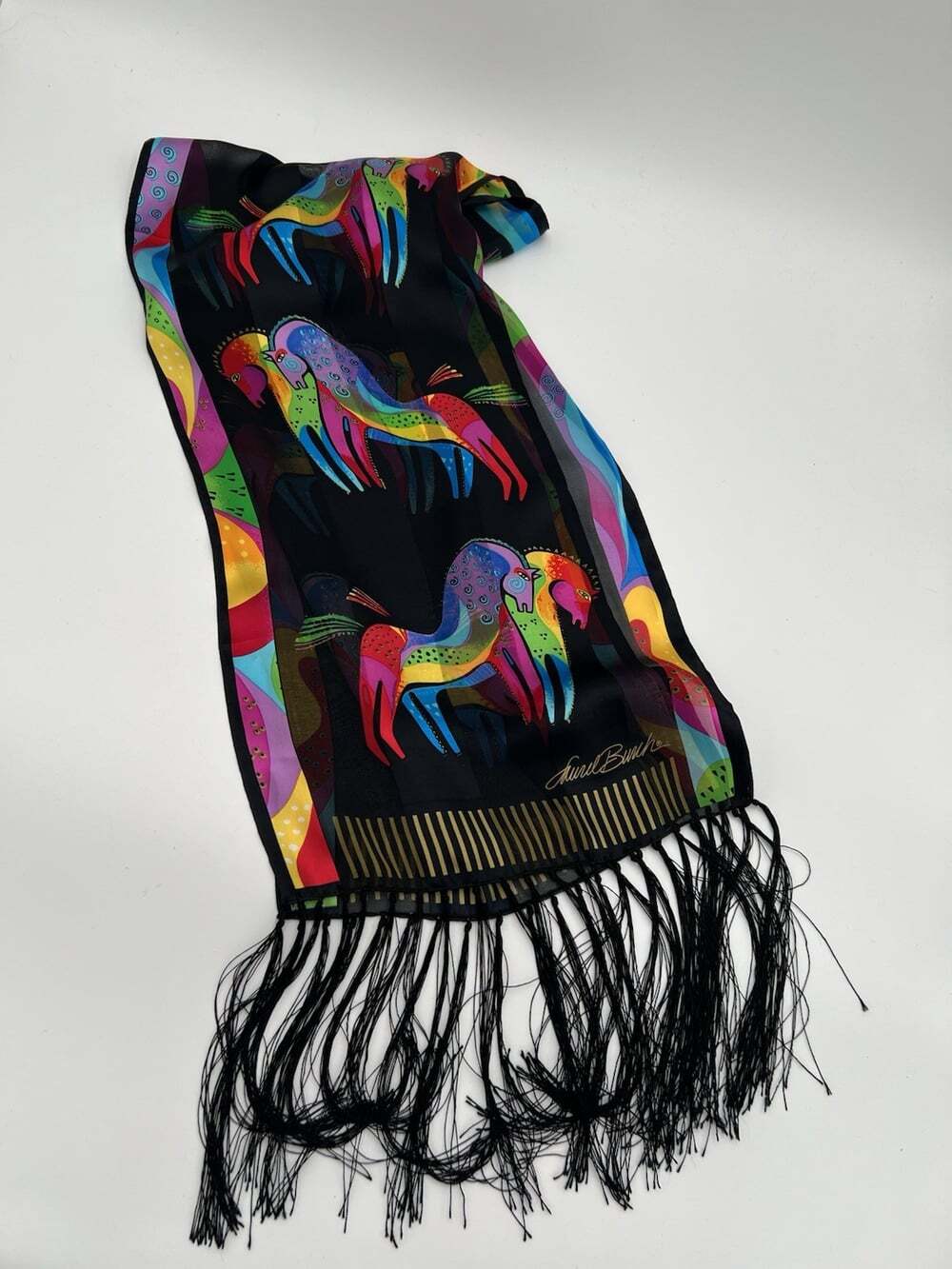 Laurel Burch Silk Scarf Signed Colorful Horses Black Long Fringe 54x11 Vintage